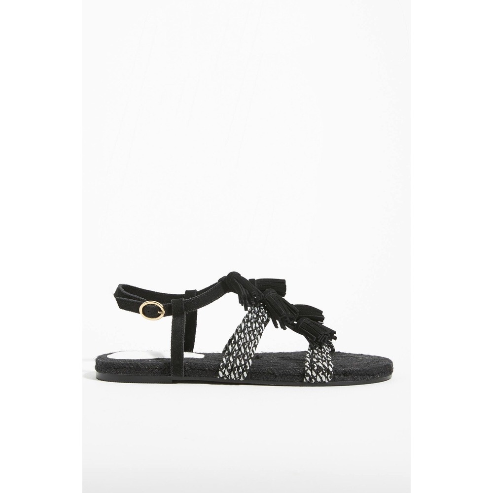 Anthropologie Women's Sandals Black and White Fringed Rope NEW